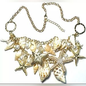 New Jewelry Necklace Gold Chain Bib Ocean Shell Starfish Pearl Charms Beaded
